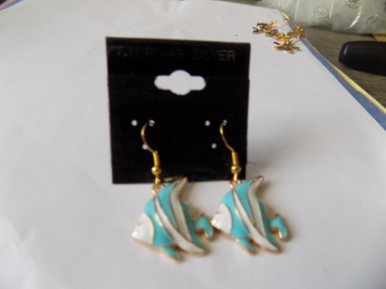 French hook earrings blue and white enamel tropical fish