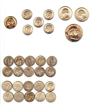 39 Silver Coins - $4.05 Face Value, Uncirculated/Circulated Mix including GEM Franklin Half Dollar