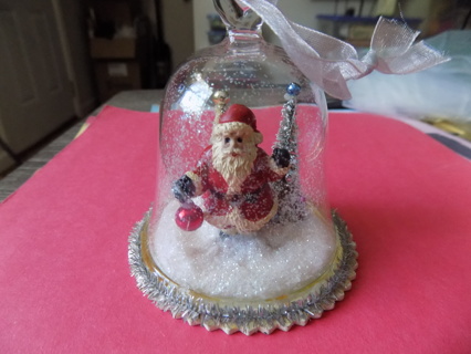 Vintage glass bell shaped ornament with Santa and trees inside 3 1/2 tall  lace trim