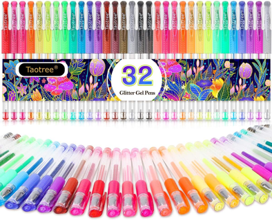 Color Gel Pens, 32-Pack Neon Glitter Fine Tip for Coloring, Drawing, Doodling, Scrapbook, Journals