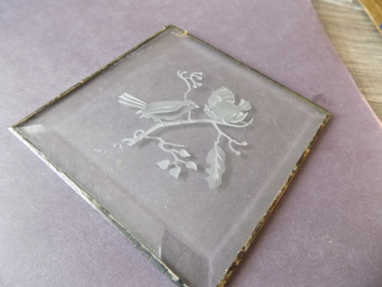 4 inch square/diamond shape beveled edge etched birds on branch sun catcher