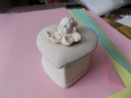 Vintage Bisque porcelain heart shape trinketbox with 3D angel cherubl head on lid