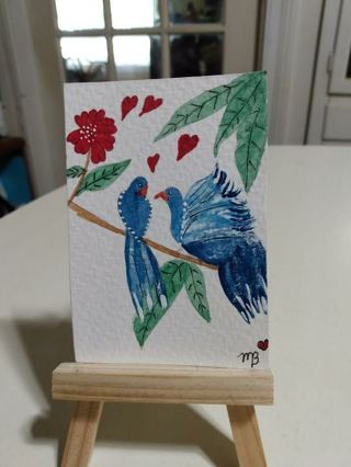 ACEO Original, Watercolor Painting 2-1/2"X 3/1/2" Love Birds by Artist Marykay Bond