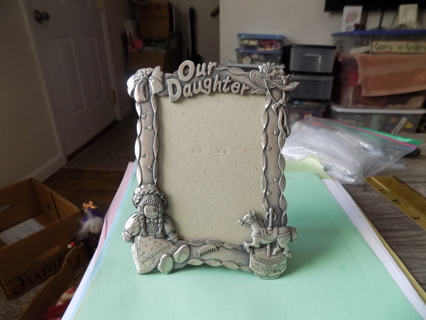 Pewter Our Daughters photo frame easel backed 3D doll , hat, bow 6 inch