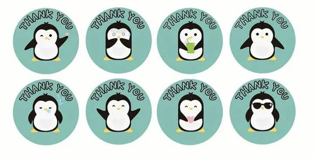 ➡️⭕(8) 1" CUTE PENGUIN THANK YOU STICKERS!!