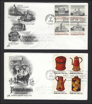 1979 USA First Day Covers (2), Amer. Architecture & Amish Toleware, Scott #s 1779-82 and 1778a