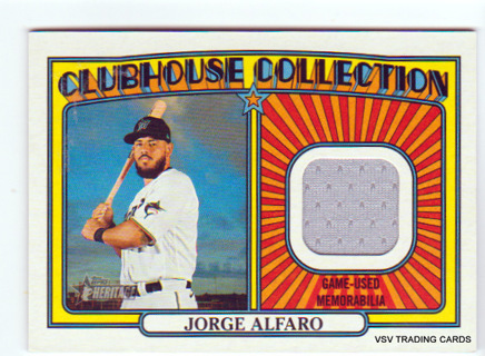 Jorge Alfaro, 2021 Topps Heritage Clubhouse RELIC Card #CCR-JAL, Miami Marlins, (LB22)