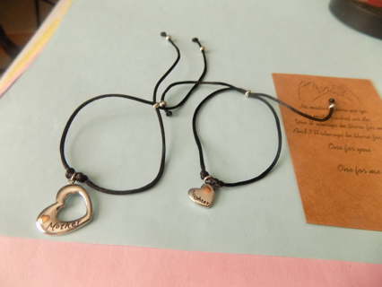 NIP Pair of Mother/Daughter adjustable bracelets on black cord heart and rose charms