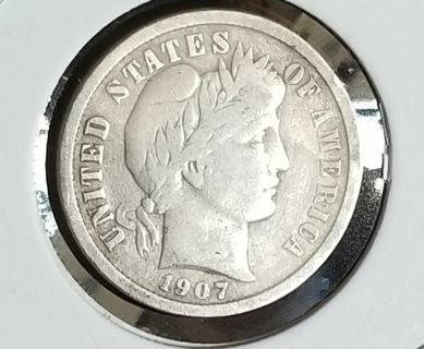 1907 ~ Barber Dime ~ 90% silver ~ 116 year old US coin