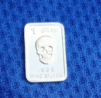 One gram .999 pure fine ☆Silver☆ collectable bar ~ Skull ~