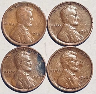 4 Different 1920’s Lincoln Wheat Pennies 