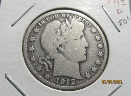  ★★ 1912-D BARBER HALF DOLLAR VG ★★ **90% SILVER**