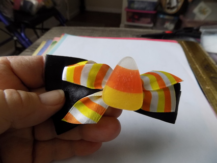 Halloween satin hair bow with acrylic candy corn & orange, yellow, white ribbon