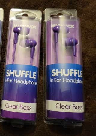 Lot of 2 In Ear Earphones Magnavox Purple Clear Bass Shuffle Headphones Audio BRAND NEW SEALED