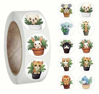 ↗️⭕(10) 1" CUTE BABY ANIMALS IN FLOWER POTS STICKERS!!⭕