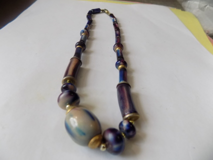 Necklace choker style brown and blue marbled beads, round one, tube ones