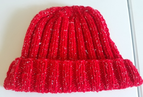 Handmade Knit Beanie Hat (Red w/Silver Threads)