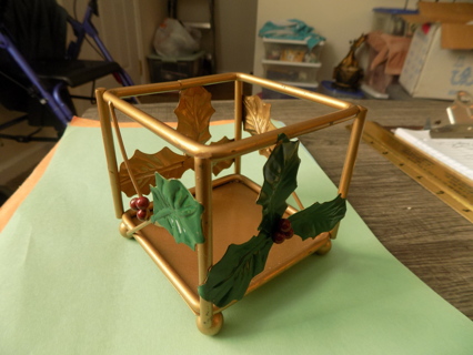 3 inch square golden metal square candle  holder with 3D Metal holly leaves & berries