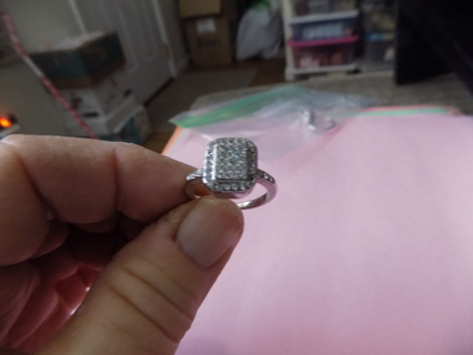 Silvertone band ring # 3 size 7 square top in rhinestones 3 stones each side