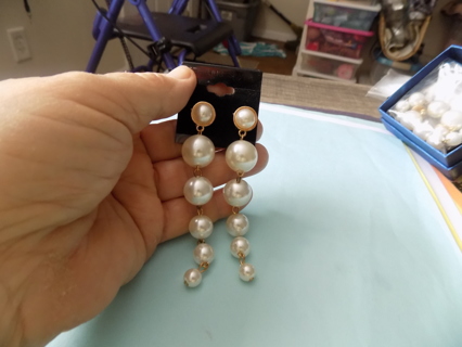 4 inch long post earrings graduating size pearl beads # 1