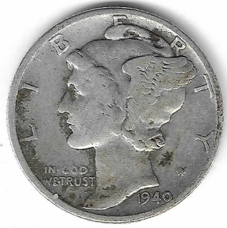 1940 Mercury Dime 90% Silver U.S. 10 Cent Coin