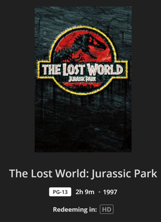 Jurassic Park Lost World MA VUDU HD Digital Movie Code