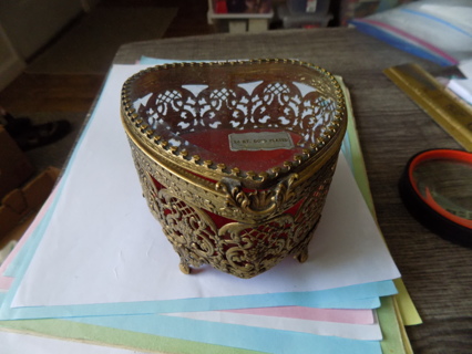 Vtg Heart shaped filigree 24 K gold plated footed trinketbox hinged beveled glass lid