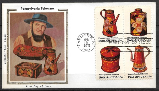 1979 Sc1775-8 Pennsylvania Toleware block of 4 FDC with Colorano silk cachet