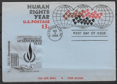 1968 UN New York 13¢ Human Rights Aerogram FDC