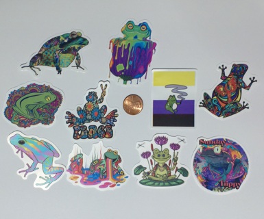 10 Psychedelic Frog Stickers, NEW, Unused