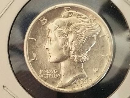 1939-D~Silver Mercury dime ~ AU! Winged Liberty~ 90% Silver US coin High Grade Nice!