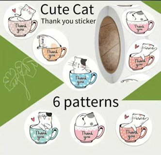 ↗️⭕(8) 1" KITTY CAT IN A CUP THANK YOU STICKERS!! (SET 1 of 3)⭕