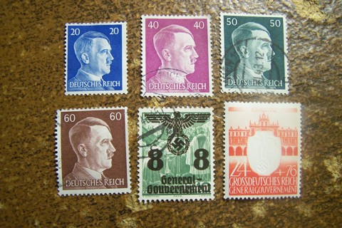 Third Reich Germany Lot of 6 Hitler Heads, Nazi Occupation of Poland Overprint Stamps