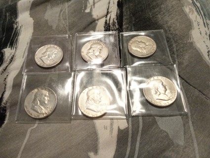 Lot of 6 Ben Franklin Silver Half Dollars - Circulated - 90% Silver