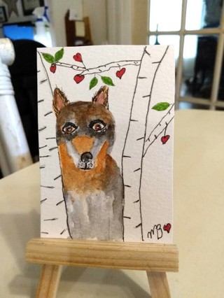 ACEO Original, Watercolor Painting 2-1/2"X 3/1/2" Whimsical Wolf by Artist Marykay Bond