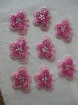 2 shades of pink glittery fabric, puffy butterflies,, 8 pcs. sewing, decor, embellishments, 1.5"x1"