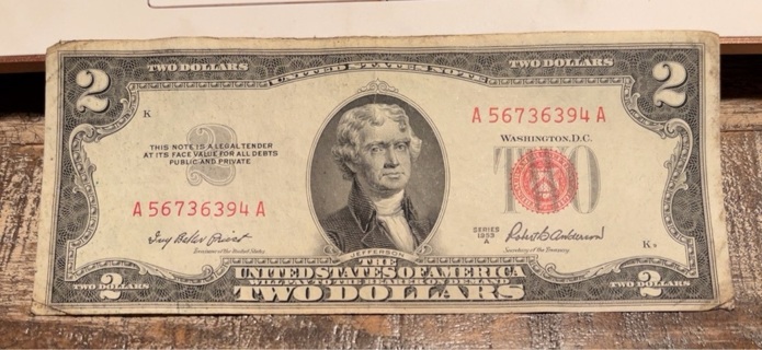 Vintage Series 1953 A Red Seal Two Dollar Bill