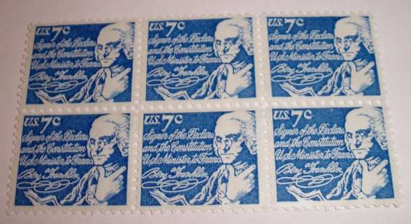 Scott #1393D, Ben Franklin, Pane of 6 Useable 7¢ US Postage Stamps