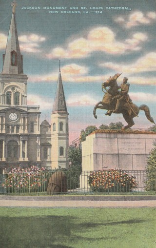 Vintage Used Postcard: k: 1945 Jackson Monument & St Louis Cathedral, New Orleans, LA