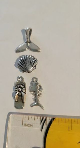 LOT OF 4 OCEAN/BEACH THEME CHARMS FOR BEADERS- SILVERTONE metal- beading/jewelry supplies