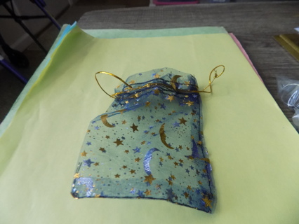 Blue drawstring jewelry bag trim in gold moon & stars 4 x 3