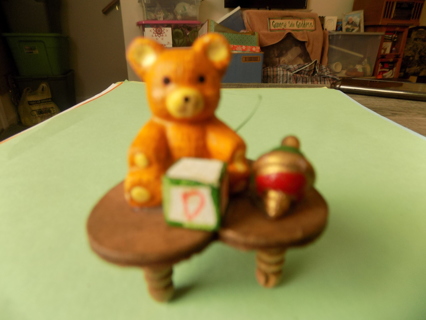 Vintage light brown teddybear ornament at little table