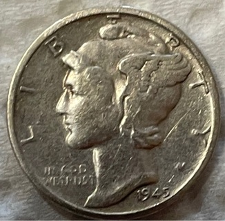 1945 S Silver Winged Liberty Mercury Dime 90% Silver Very Fine 