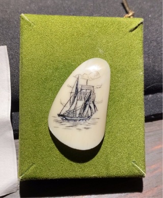 VINTAGE SCRIMSHAW WHALE IVORY TALL SAILING SHIP CARVING