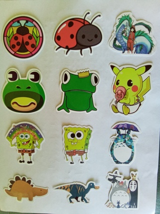 Twelve (12) Assorted Vinyl Stickers - SpongeBob, Pokemon Pikachu, Ladybug, Frog, Dinosaur, Etc.