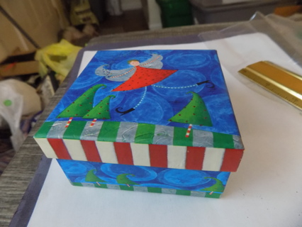 3 inch square cardboard gift box Angel in red dress in forest