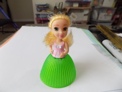 3 inch cupcake doll blonde hair, pink blouse and green rubber cupcake liner skirt