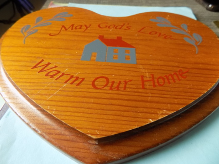 Wooden Vintage 11 inch wide heart shape wall plaque May Gods Love Warm our Home