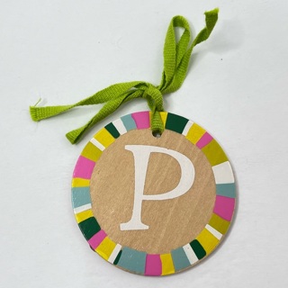 Round Wooden P Initial Tie On Gift Tag Monogram 