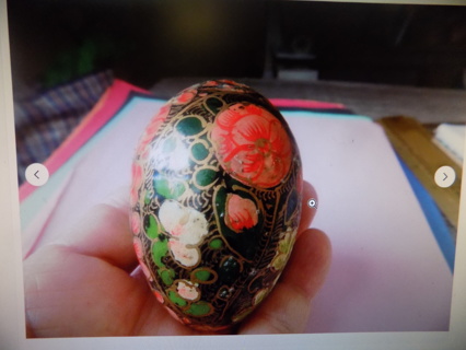 Vintage 3 inch hand painted wooden egg with pink flower & dark green background